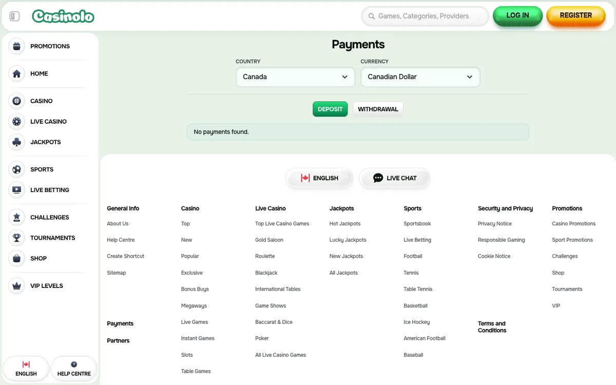 Casinolo Casino — Payments, captured from Canada