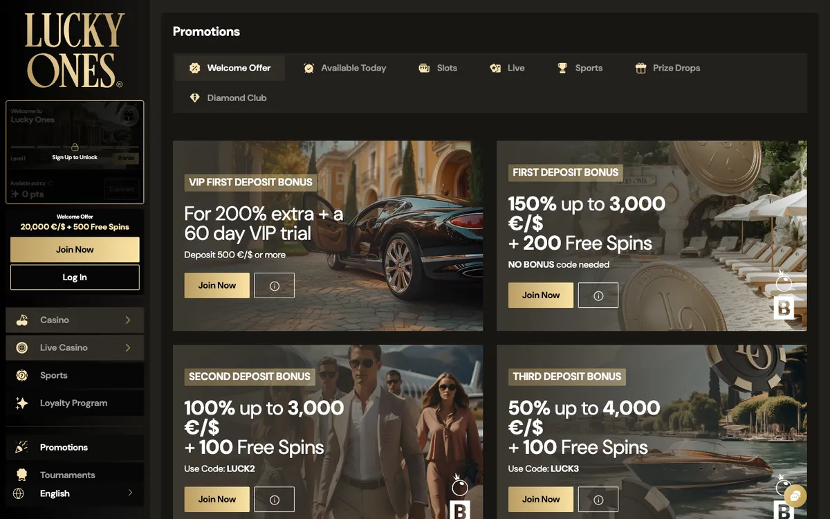 Lucky Ones Casino — Promotions, captured from South Africa