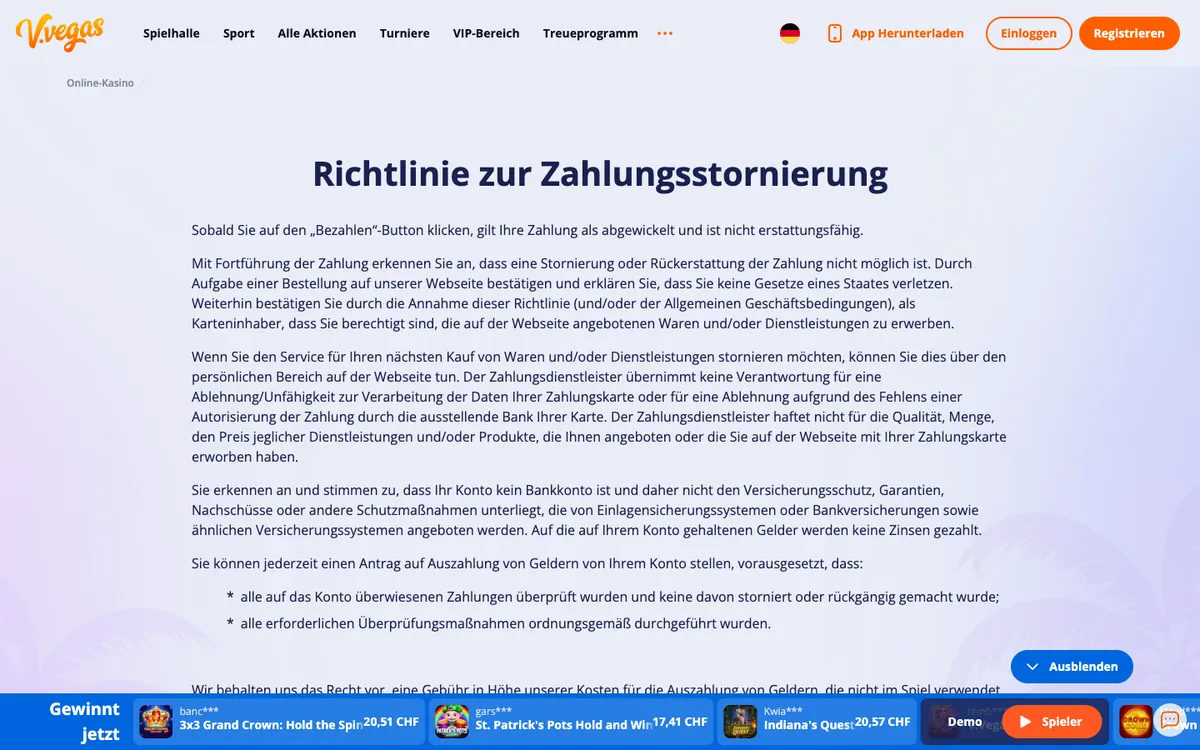 V.Vegas Casino — Payments, captured from Switzerland