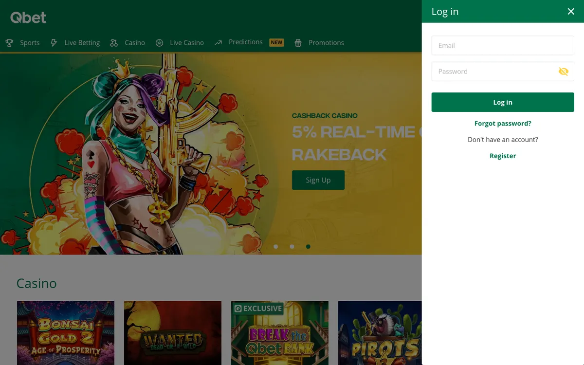 Qbet Casino — «Регистрация», снято из страны Новая Зеландия