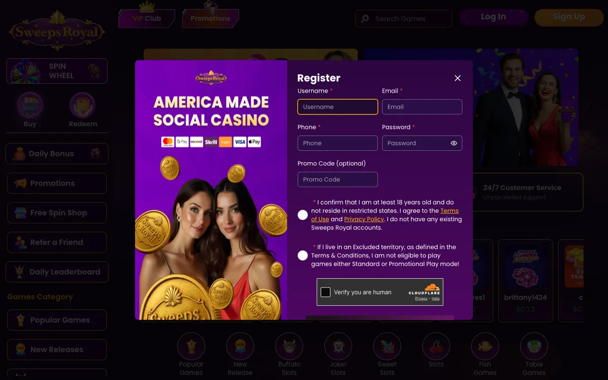 SweepsRoyal Casino — Sign-up, captured from United States