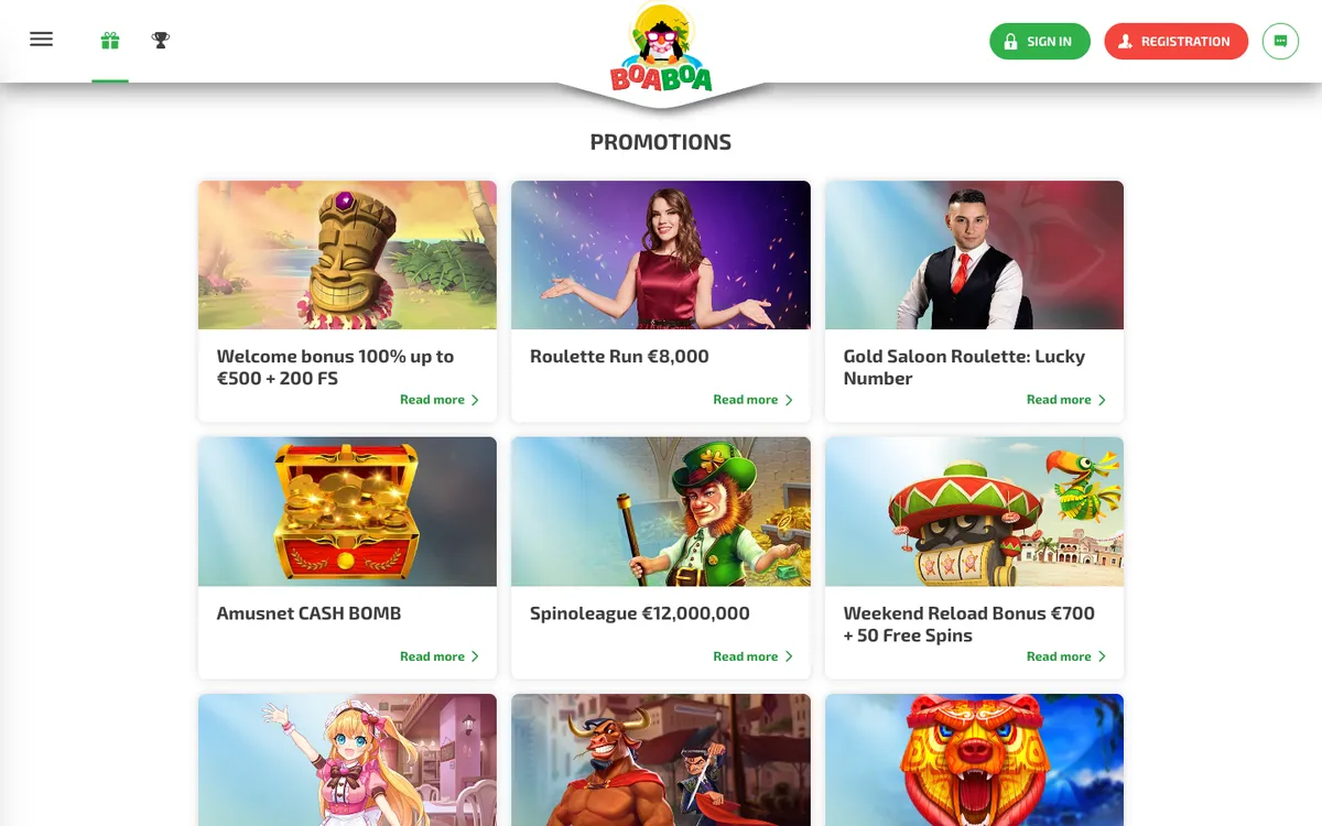 Boaboa Casino — Promotions, captured from New Zealand