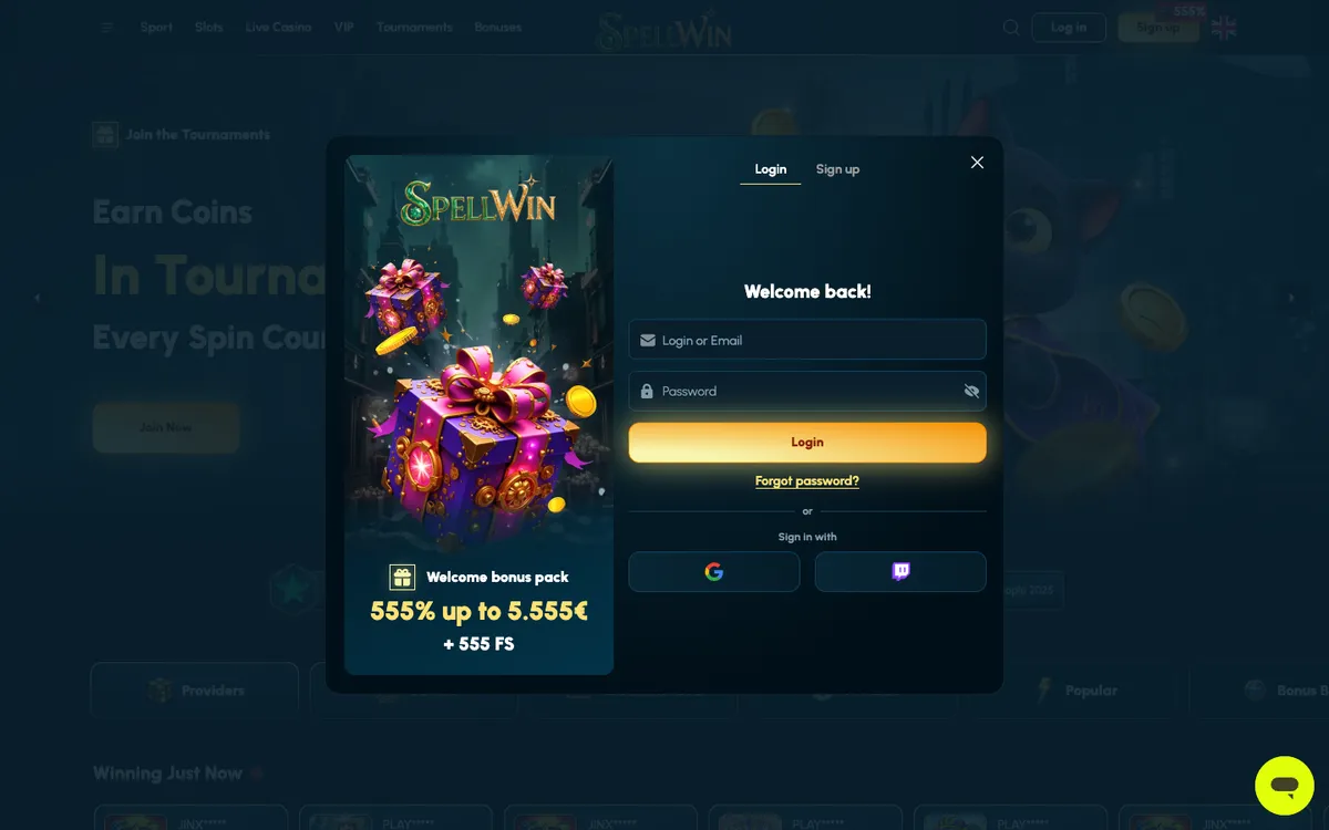 SpellWin Casino — «Регистрация», снято из страны Чили