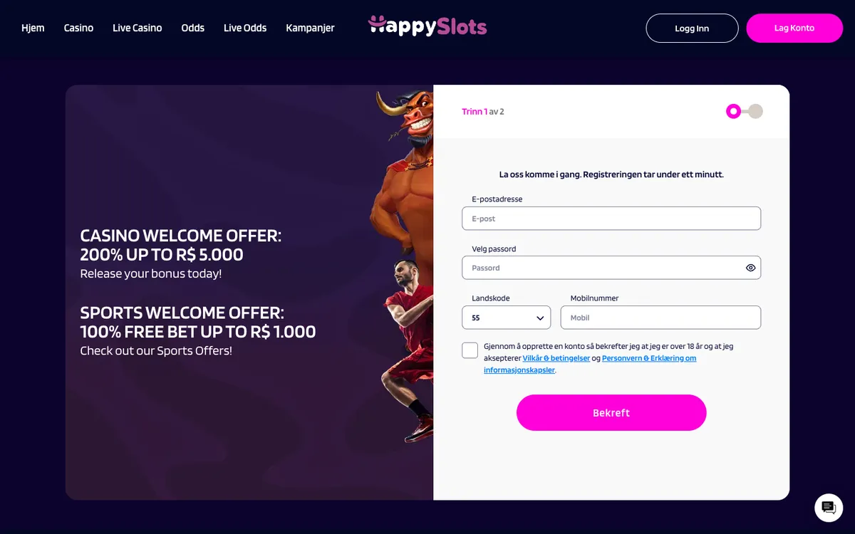 HappySlots Casino — Sign-up, captured from Norway