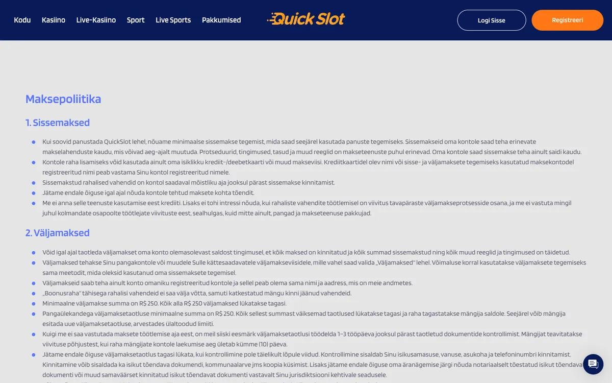 QuickSlot Casino — Payments, captured from Estonia