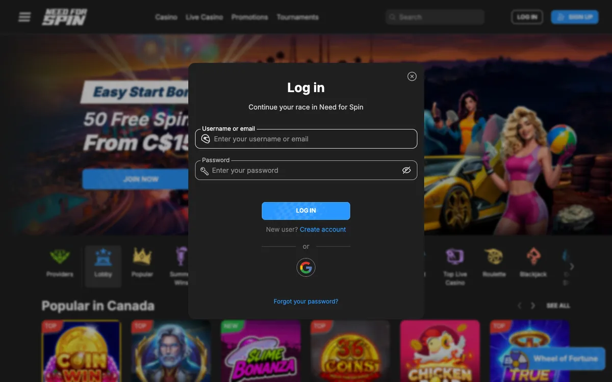 NeedForSpin Casino — Sign-up, captured from Canada