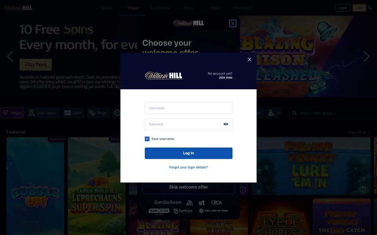 William Hill Vegas — Sign-up, captured from United Kingdom