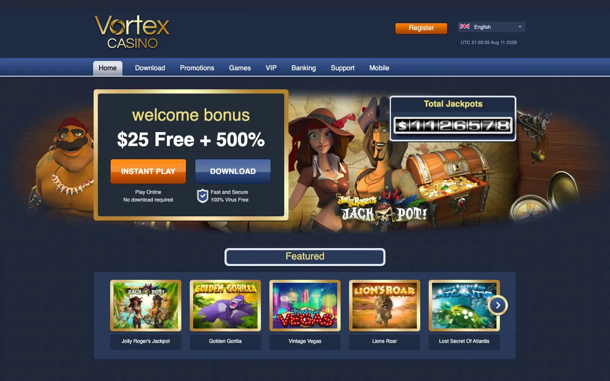 Vortex Casino — Home page, captured from South Africa