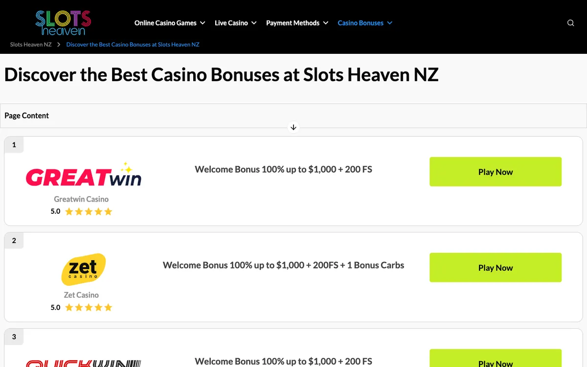Slots Heaven Casino — Promotions, captured from New Zealand