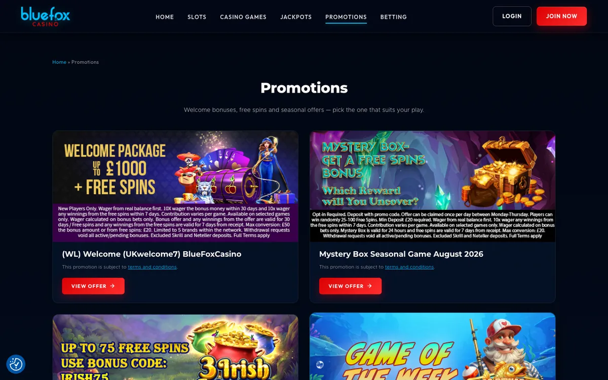 Bluefox Casino — «Акции», снято из страны Португалия