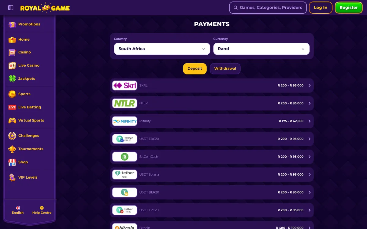 RoyalGame Casino — «Платежи», снято из страны Южно-Африканская Республика