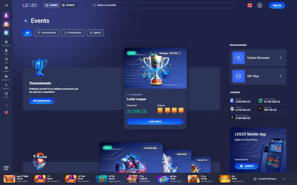 Legzo Casino — Promotions, captured from Canada