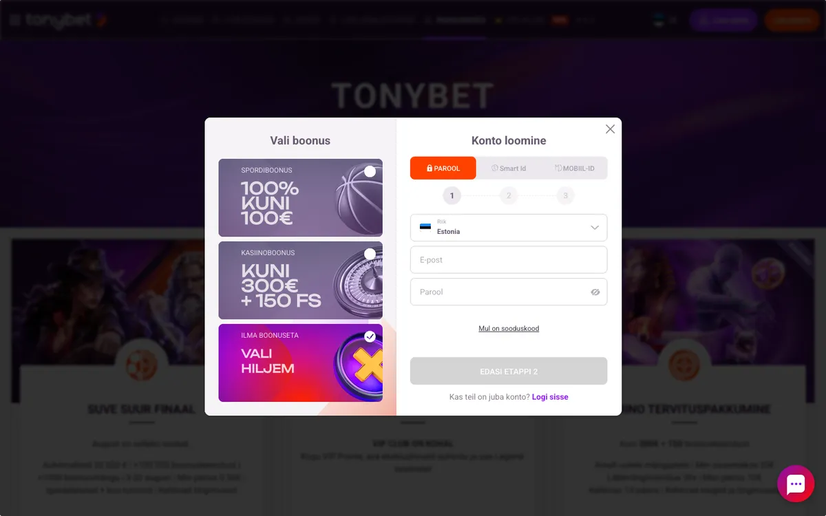 TonyBet Casino — Promotions, captured from Estonia