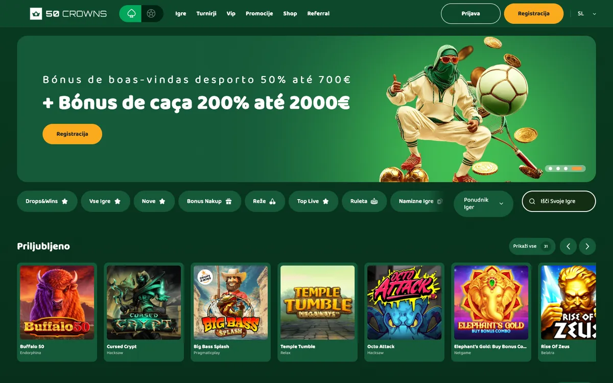 50 Crowns Casino — Home page, captured from Slovenia