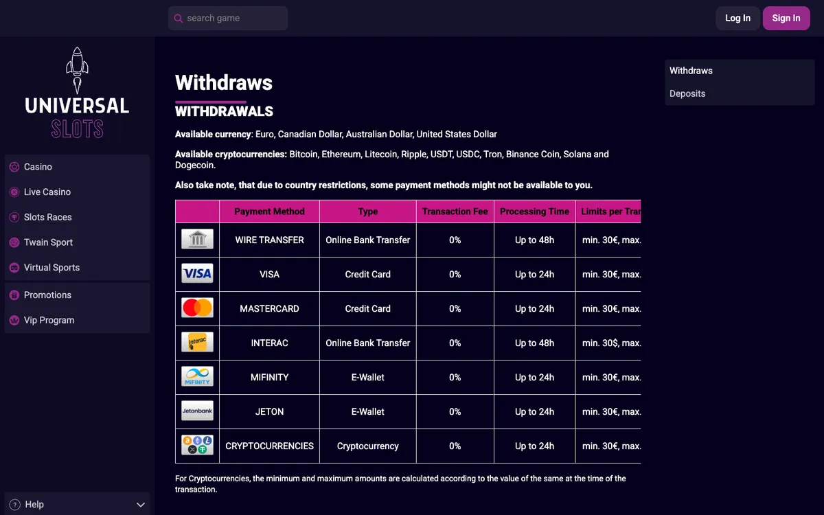 Universal Slots Casino — Payments, captured from Austria