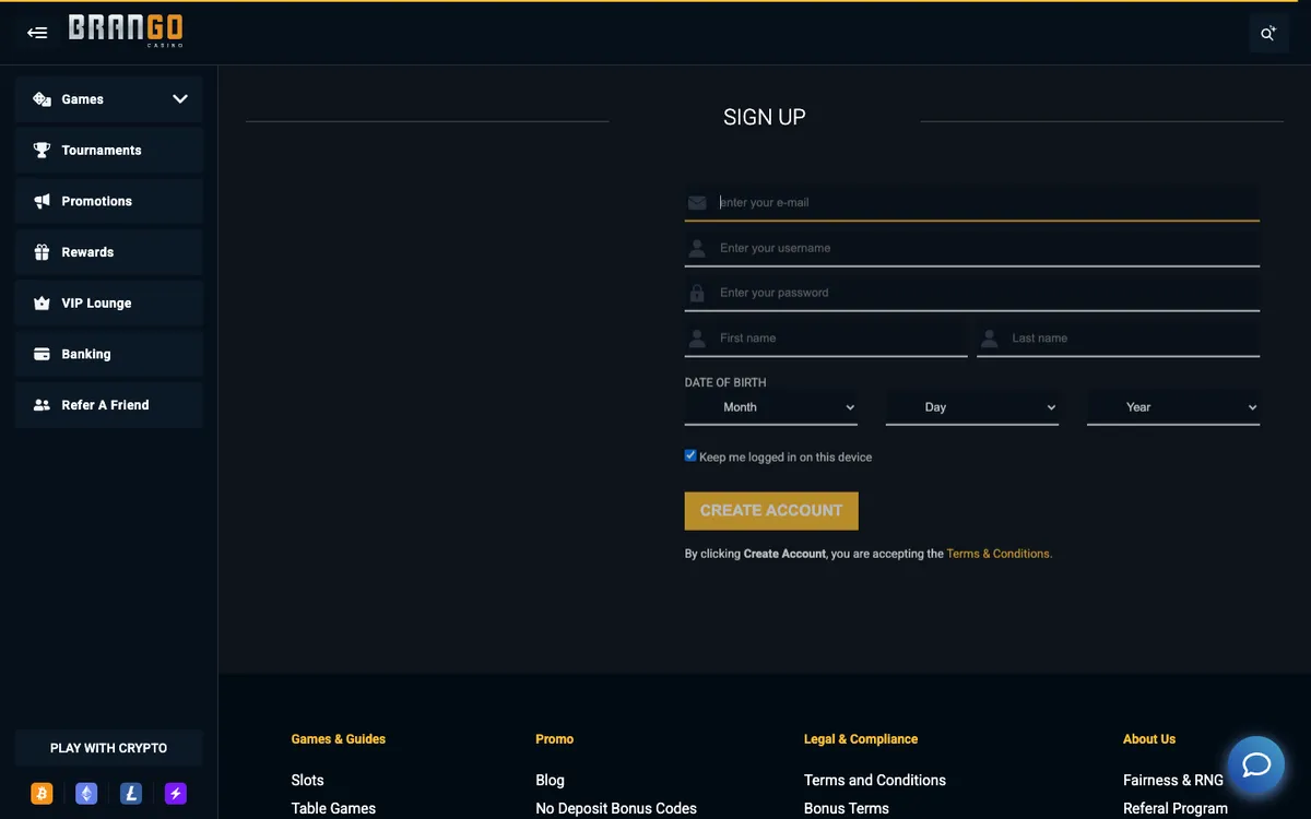 Brango Casino — Sign-up, captured from Australia