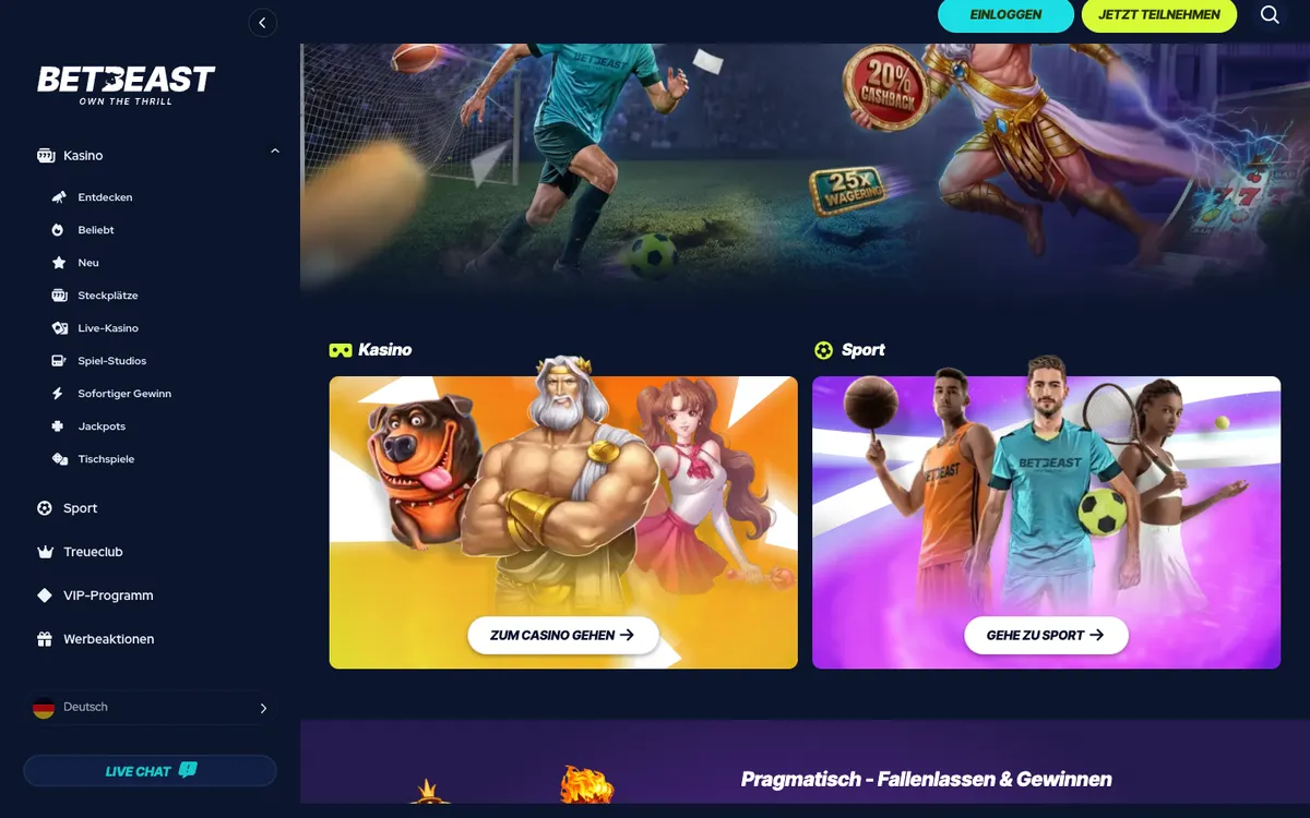 BetBeast Casino — «Главная», снято из страны Австрия