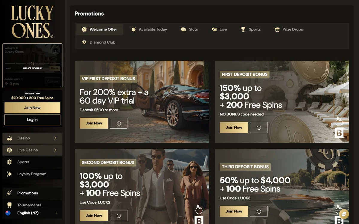 Lucky Ones Casino — Promotions, captured from New Zealand
