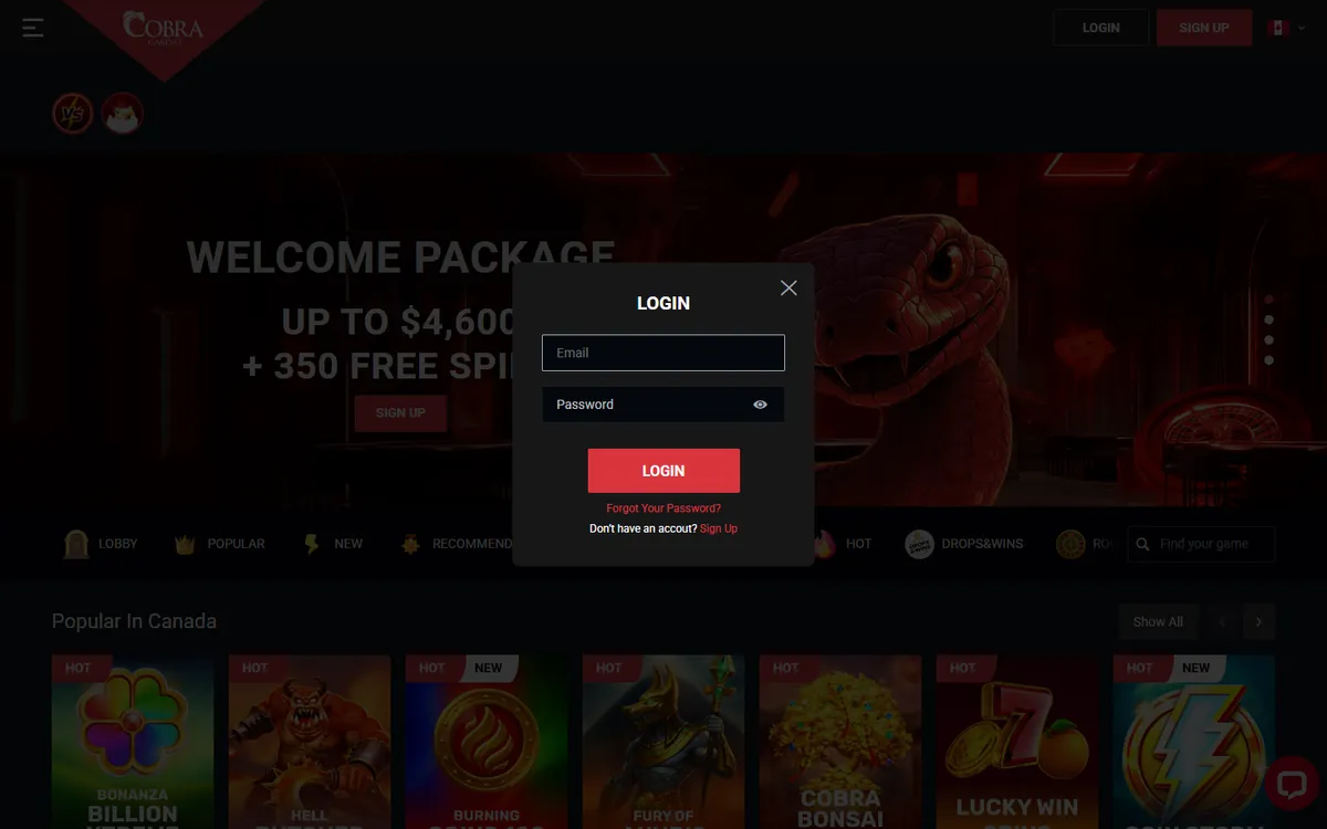 Cobra Casino — «Регистрация», снято из страны Канада