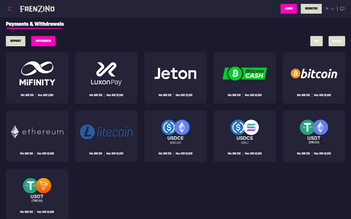 Frenzino Casino — Payments, captured from Norway