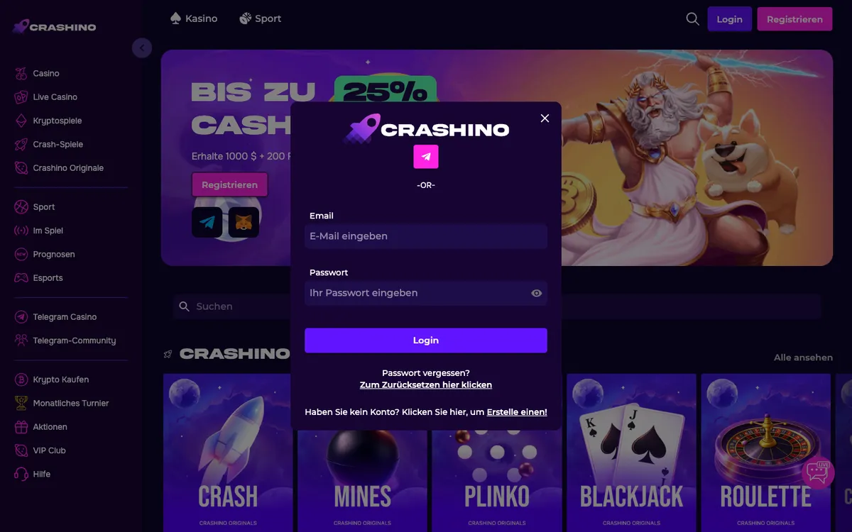 Crashino Casino — «Регистрация», снято из страны Германия