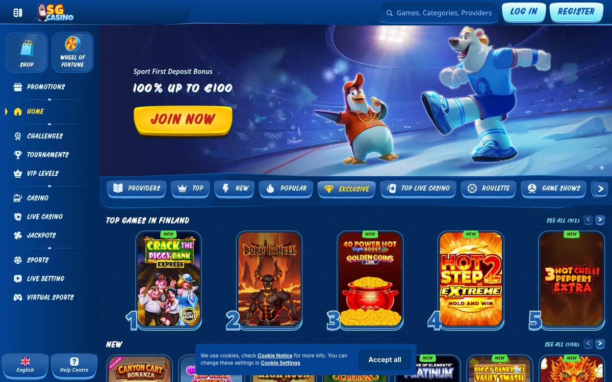 SG Casino — Home page, captured from Finland
