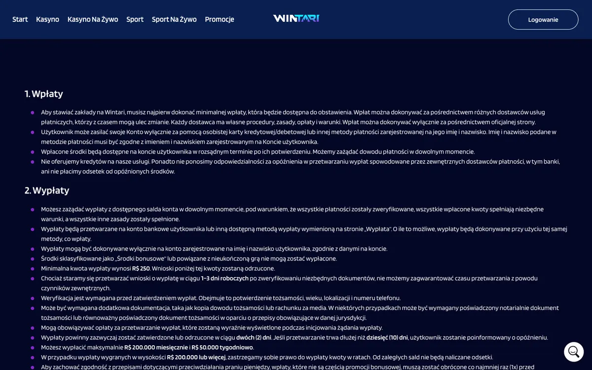 Wintari Casino — «Платежи», снято из страны Польша
