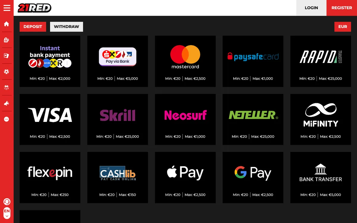 21.red Casino — Payments, captured from Austria