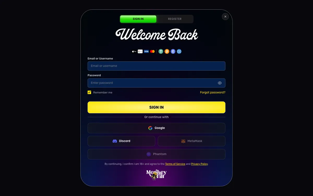 Monkey Tilt Casino — «Регистрация», снято из страны ОАЭ