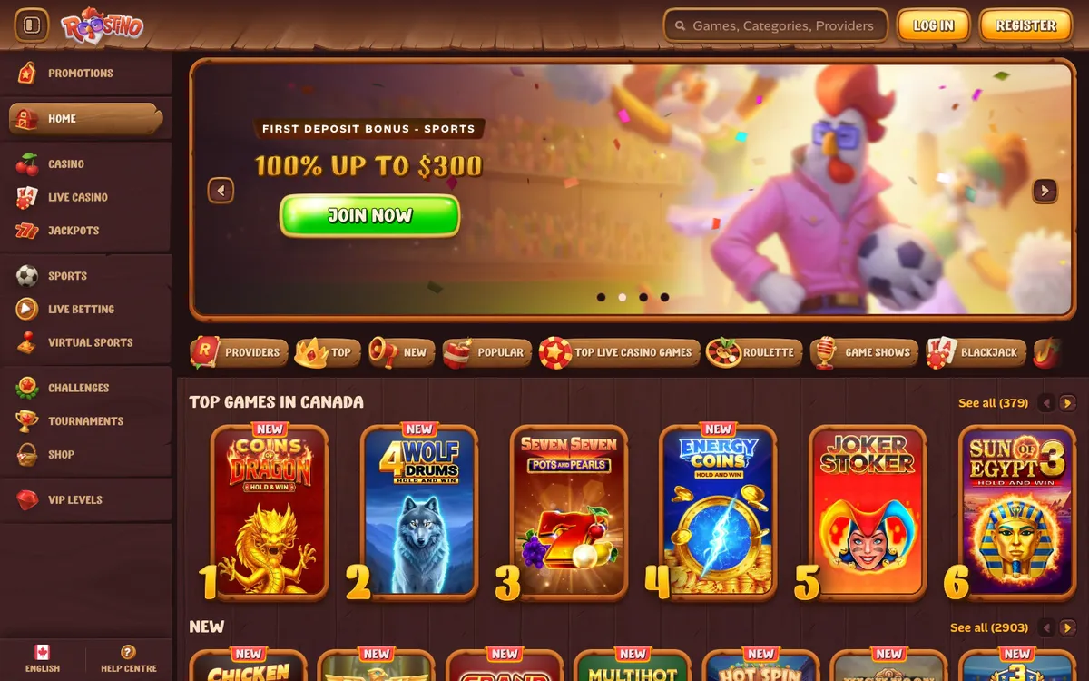 Roostino Casino — Home page, captured from Canada