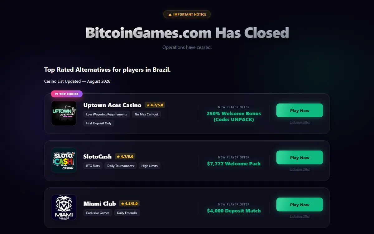 Bitcoin Games Casino — Home page, captured from Canada