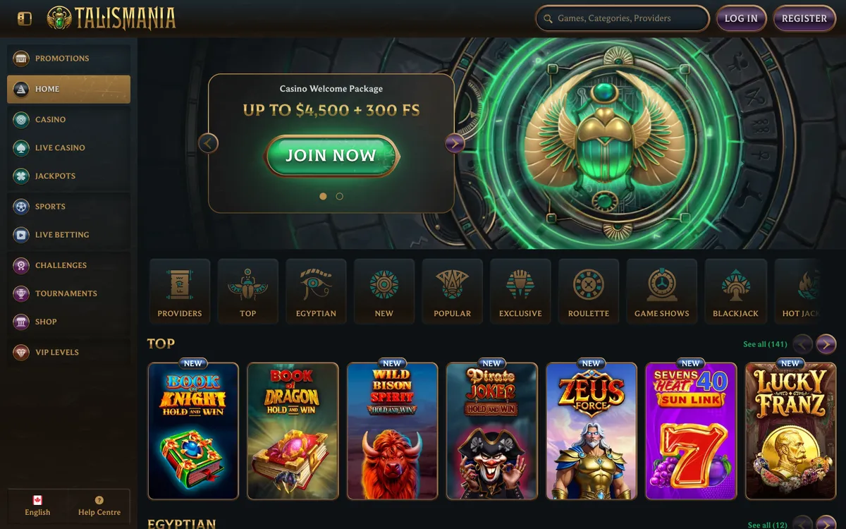 Talismania Casino — Home page, captured from Canada