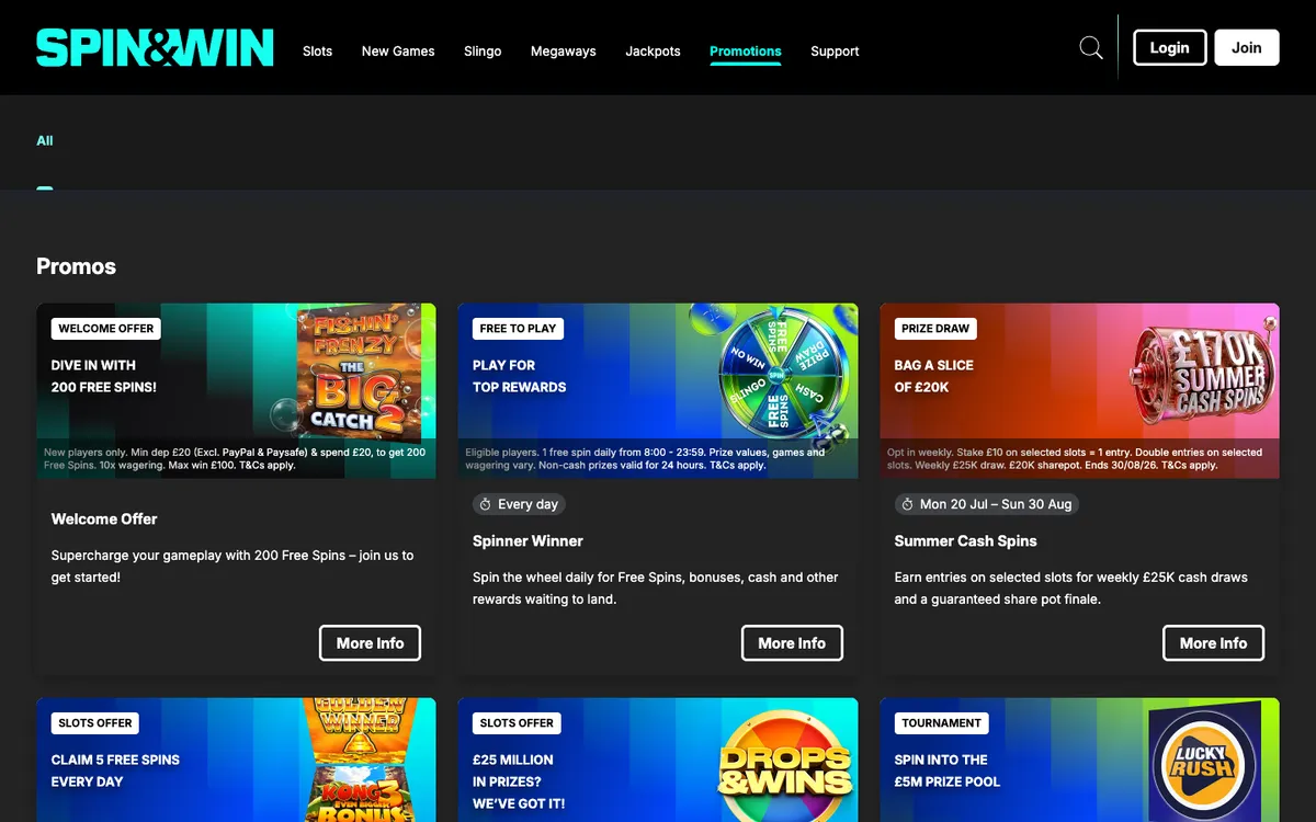 Spin and Win Casino — Promotions, captured from United Kingdom