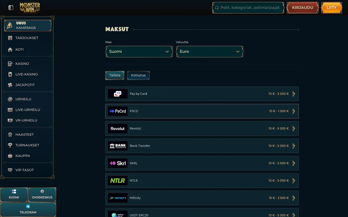 Monsterwin Casino — Payments, captured from Finland