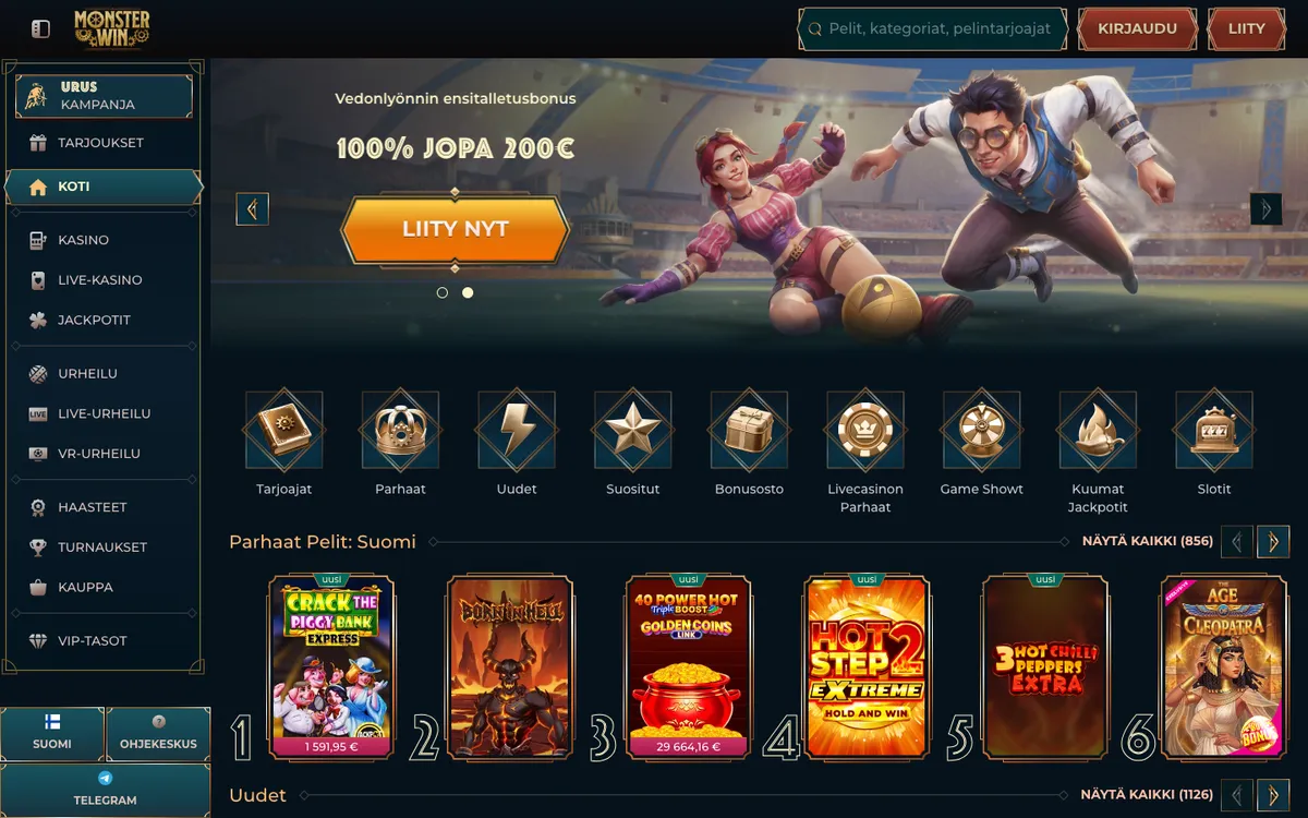 Monsterwin Casino — Home page, captured from Finland