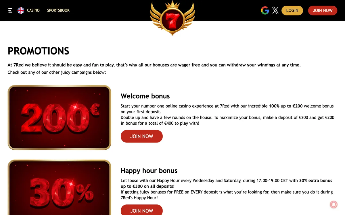 7Red Casino — Promotions, captured from Belgium