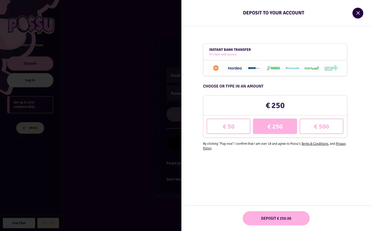 Possu Casino — Sign-up, captured from Finland
