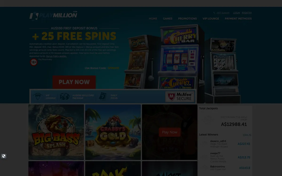 Play Million Casino — Home page, captured from Australia