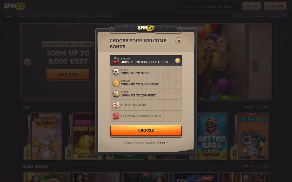 SpinBoss Casino — Sign-up, captured from New Zealand