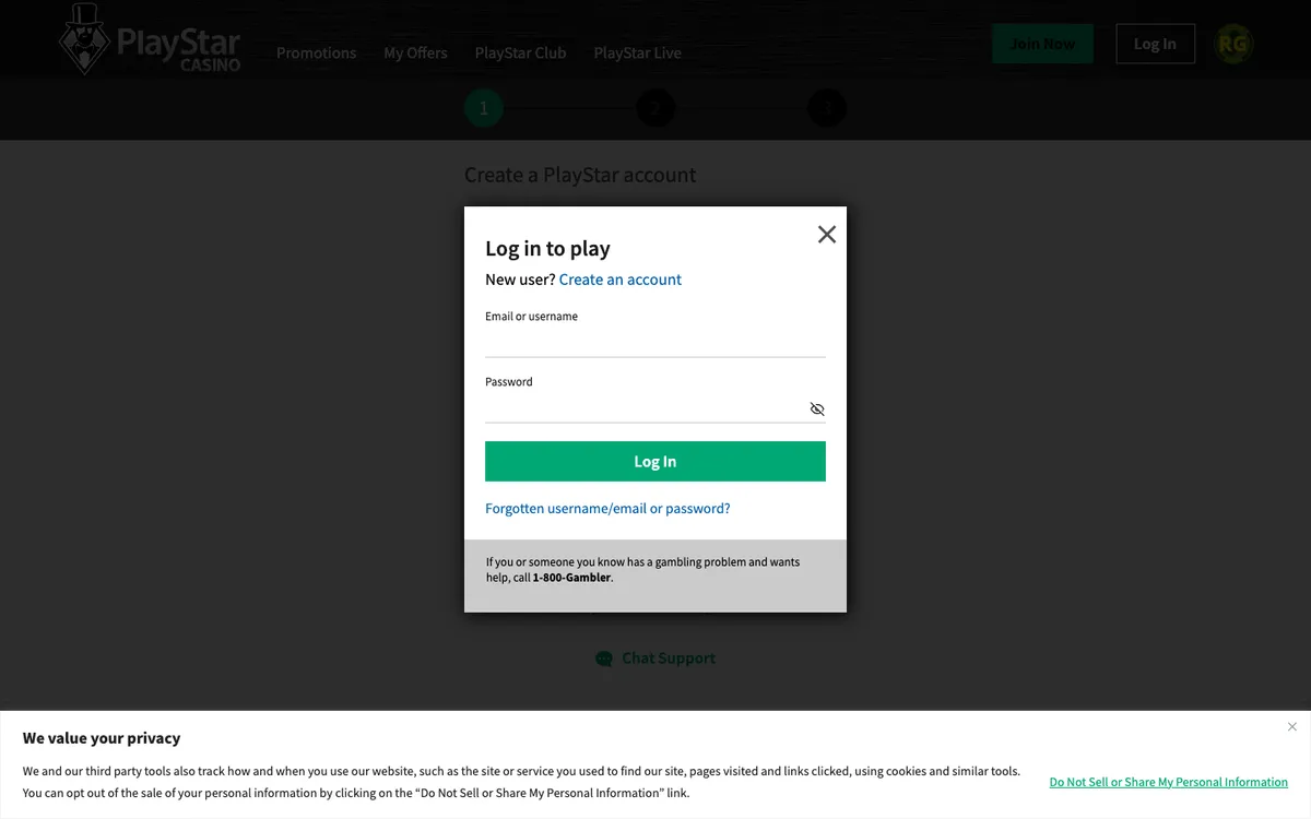 PlayStar Casino USA — Sign-up, captured from United States