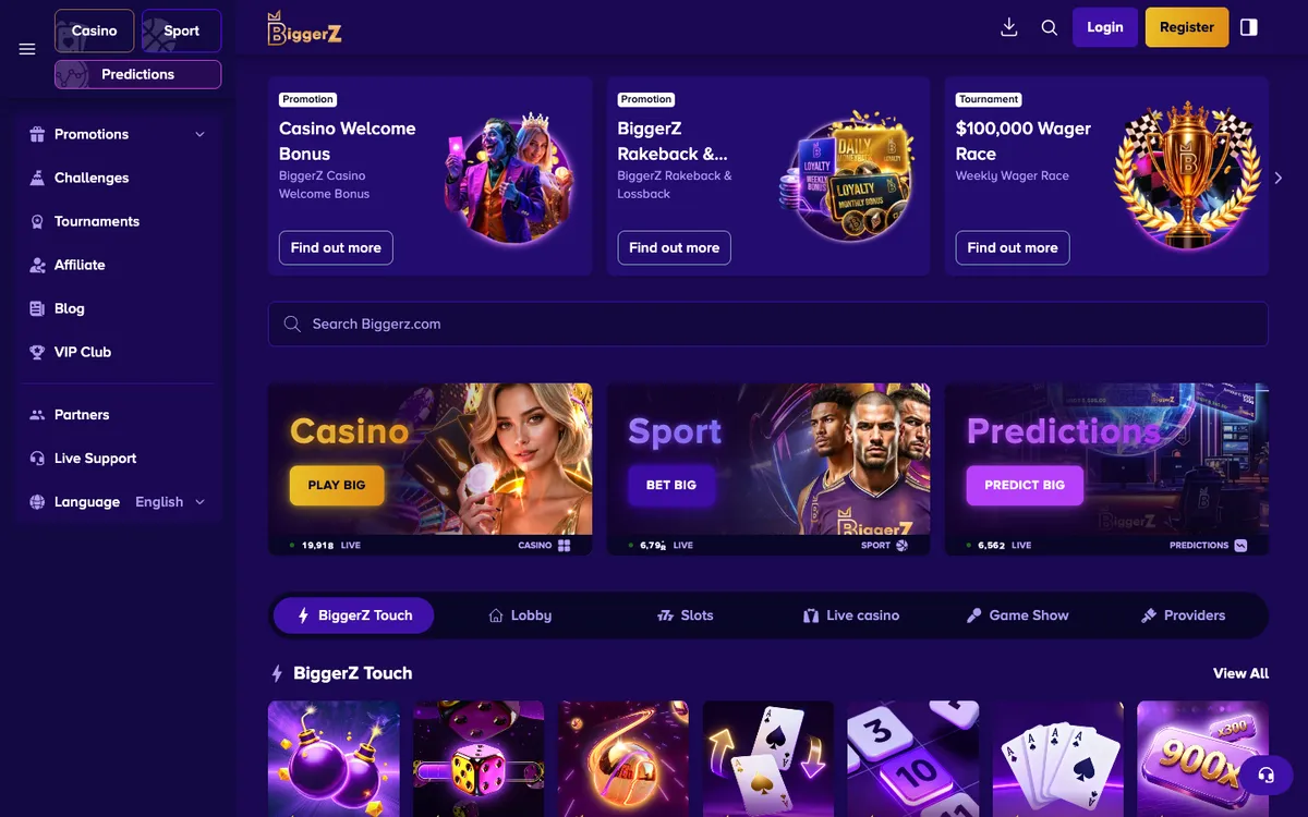 BiggerZ Casino — «Главная», снято из страны Великобритания