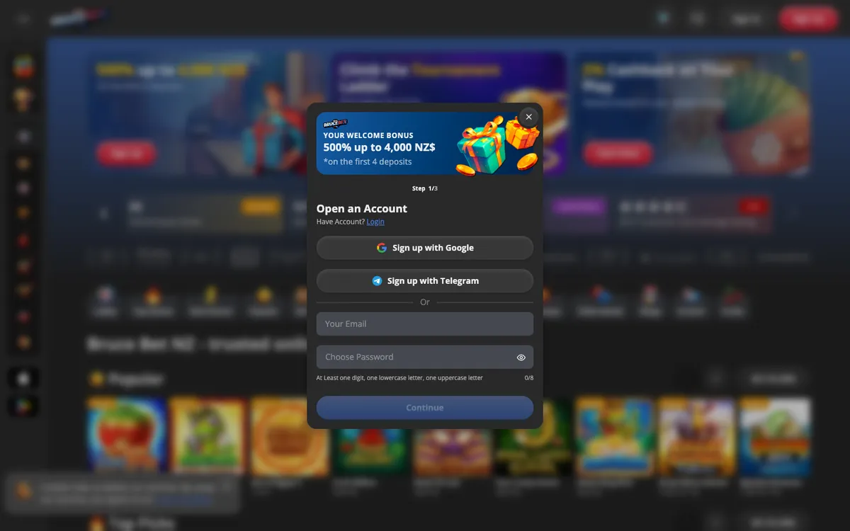 BruceBet Casino — «Регистрация», снято из страны Новая Зеландия
