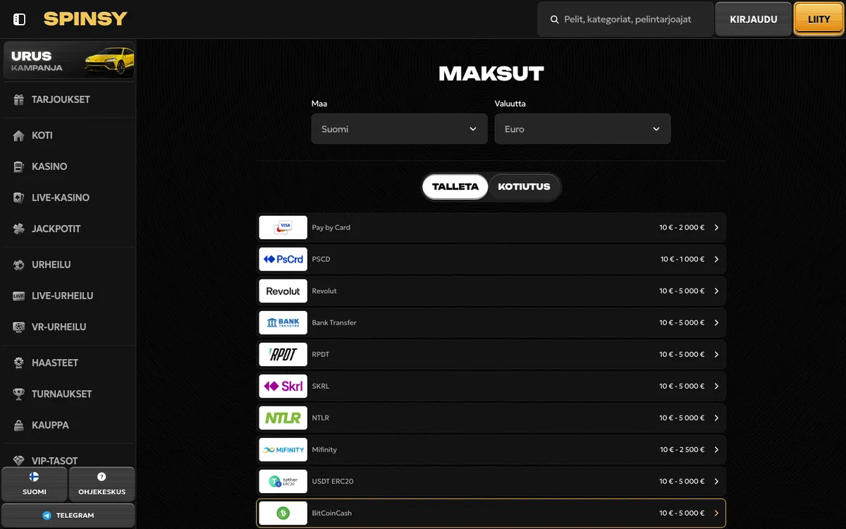 Spinsy Casino — Payments, captured from Finland