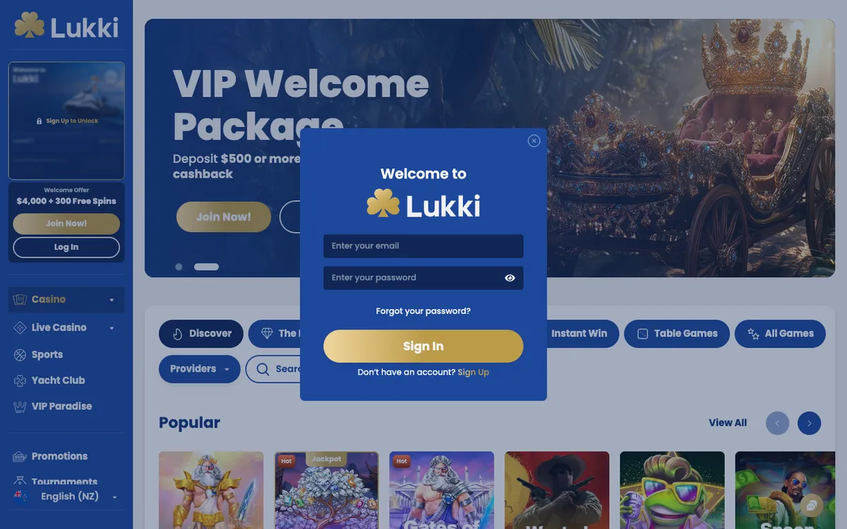 Lukki Casino — «Регистрация», снято из страны Новая Зеландия