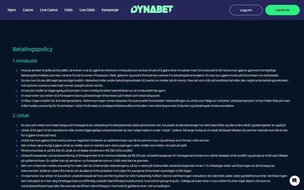 Dynabet Casino — Payments, captured from Norway