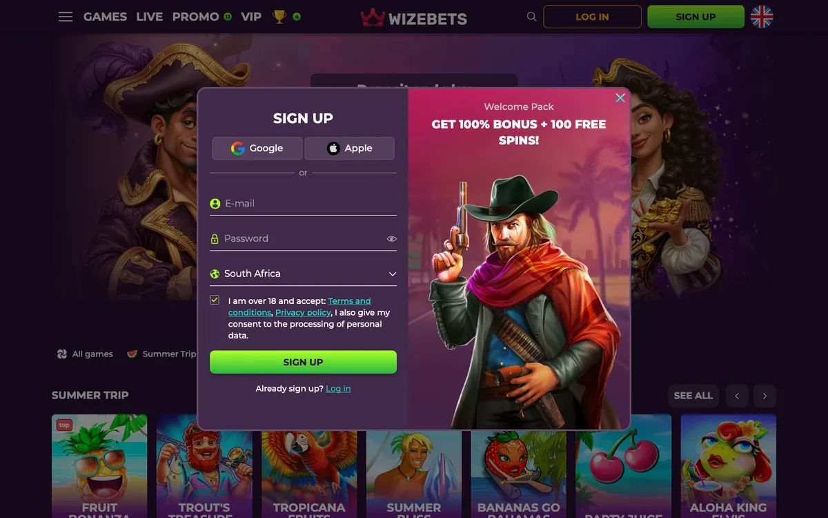 Wizebets Casino — Sign-up, captured from South Africa