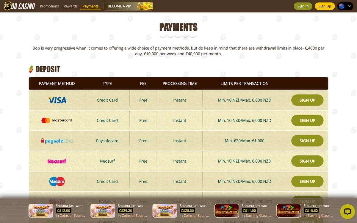 Bob Casino — Payments, captured from New Zealand