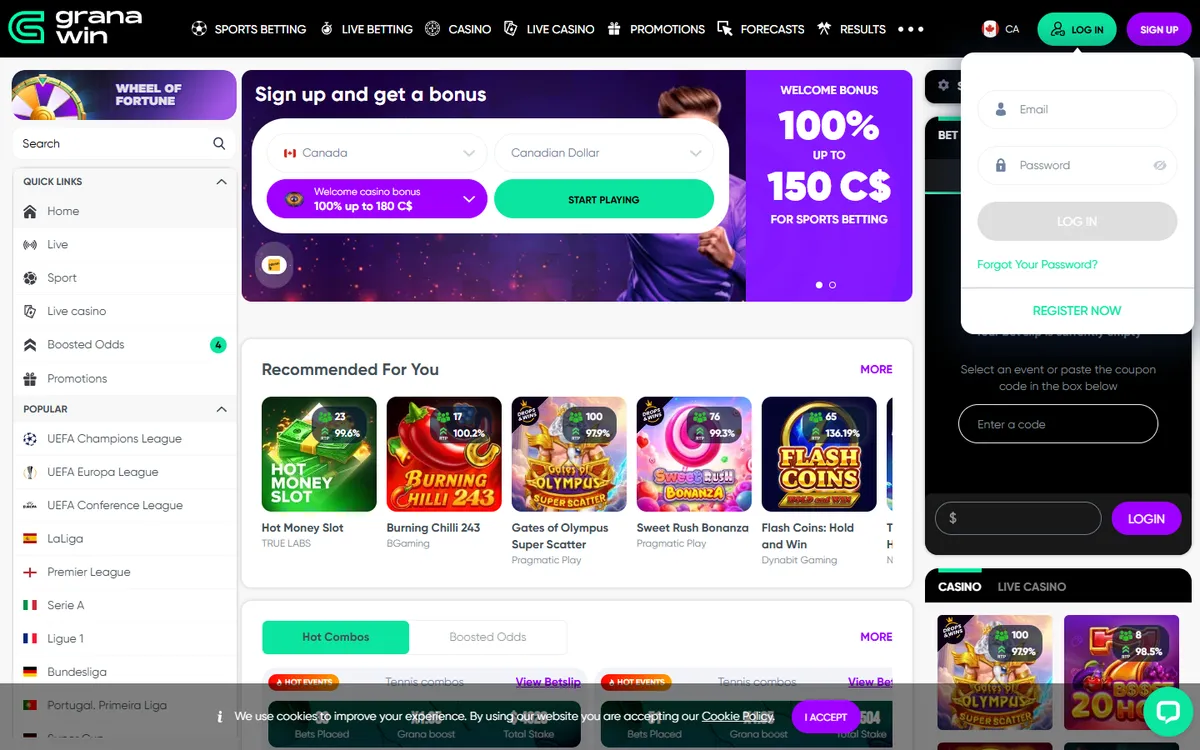 GranaWin Casino — Sign-up, captured from Canada