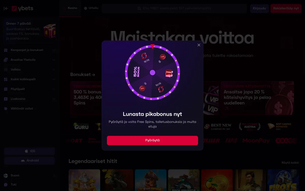 Ybets Casino — Home page, captured from Finland
