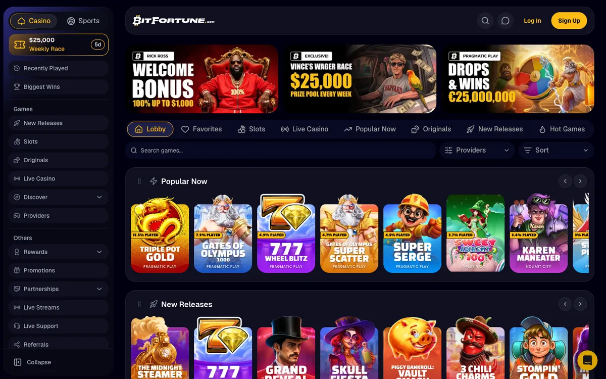 BitFortune Casino — Home page, captured from Portugal